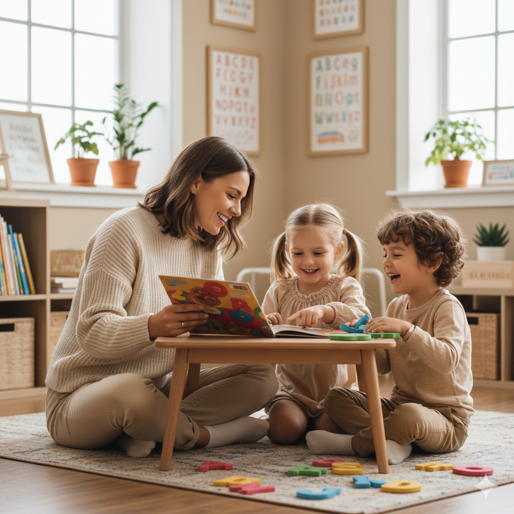 Logopeda trabajando con niños en Okidi