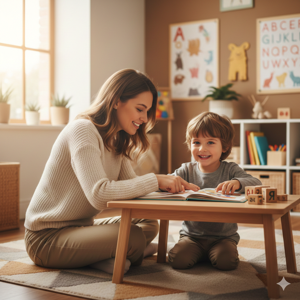Logopeda trabajando con un niño en Okidi